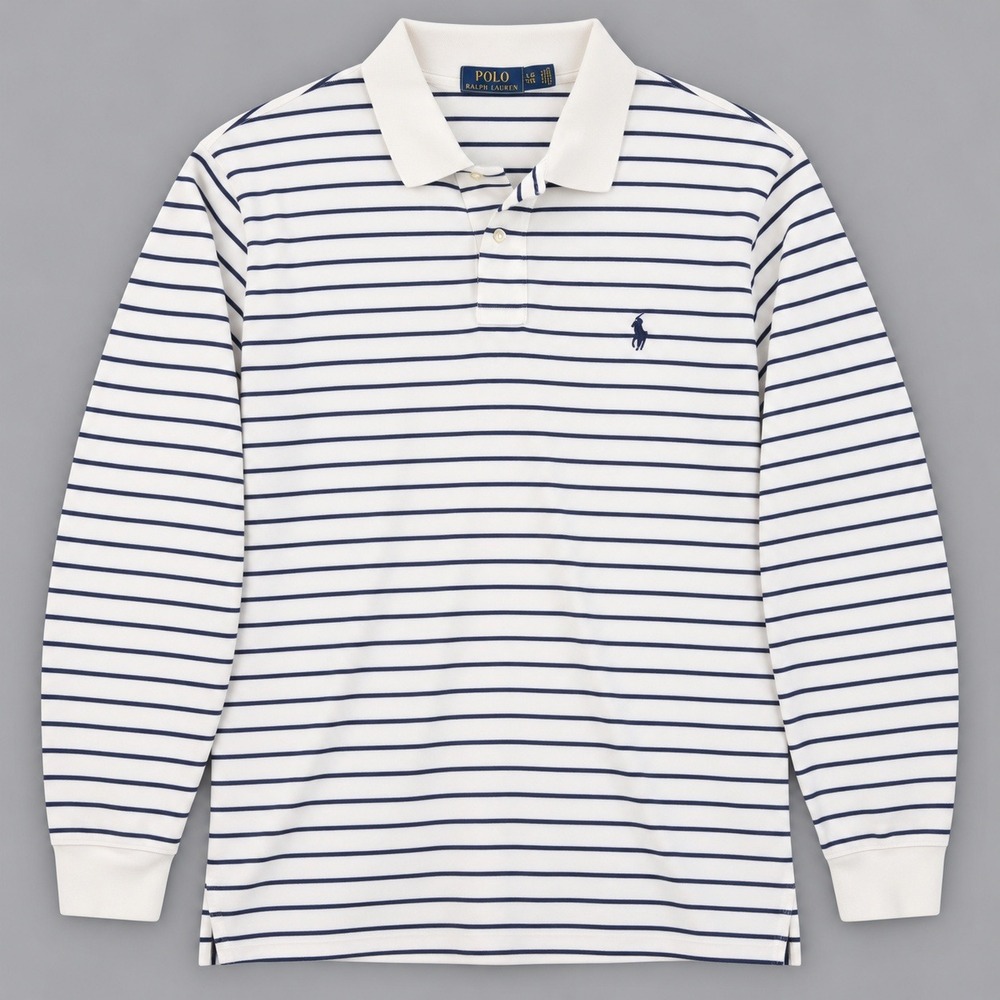 Polo Ralph Lauren Mens XXL White Navy Blue Striped Long Sleeve Polo Shirt